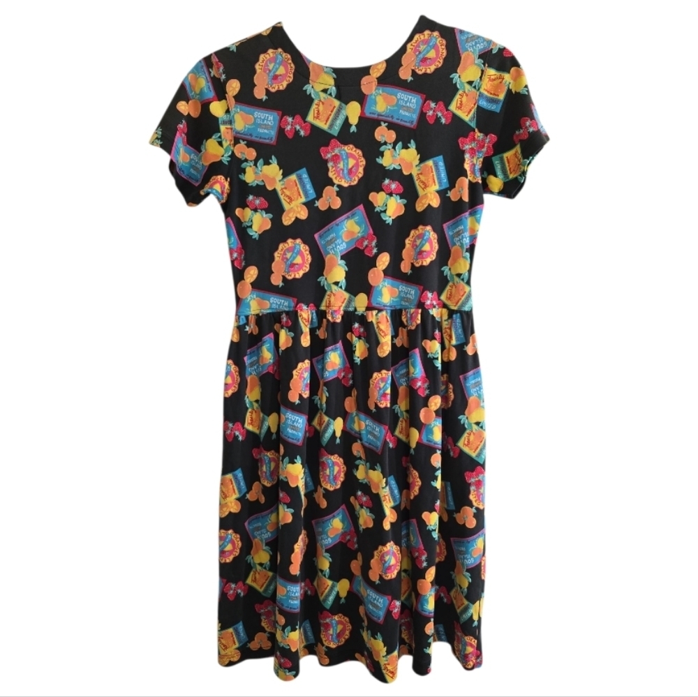 Vintage Bechamel Fruit Market Print Mini Dress Small Gathered Waist Resortwear